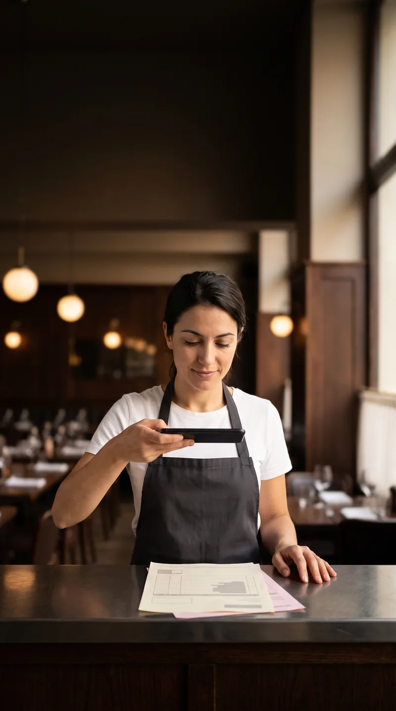 Fotografiando un albarán con el móvil tras el mostrador de un restaurante